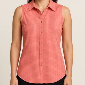 Columbia | GRT Sleeveless Button Down Camp Shirt in Pink Coral Plaid | Medium